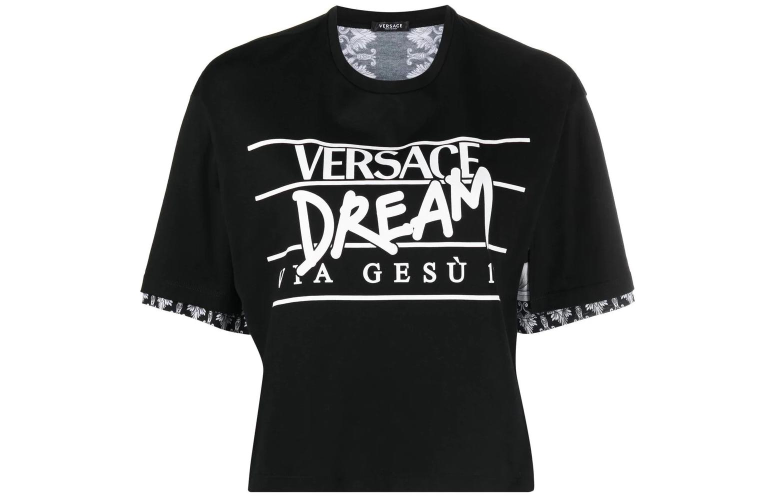 (Women) VERSACE FW22 Silver Baroque Print  Black Short Sleeve Tee. 1005880-1A04345-2B020
