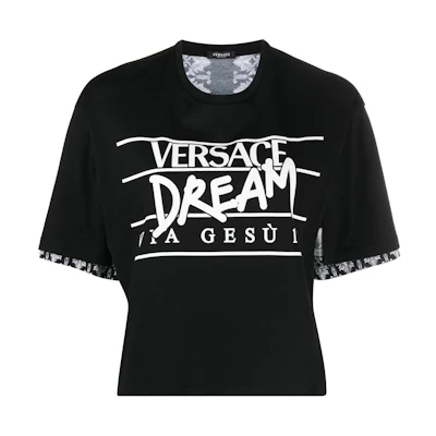 (Women) VERSACE FW22 Silver Baroque Print Black Short Sleeve Tee. 1005880-1A04345-2B020