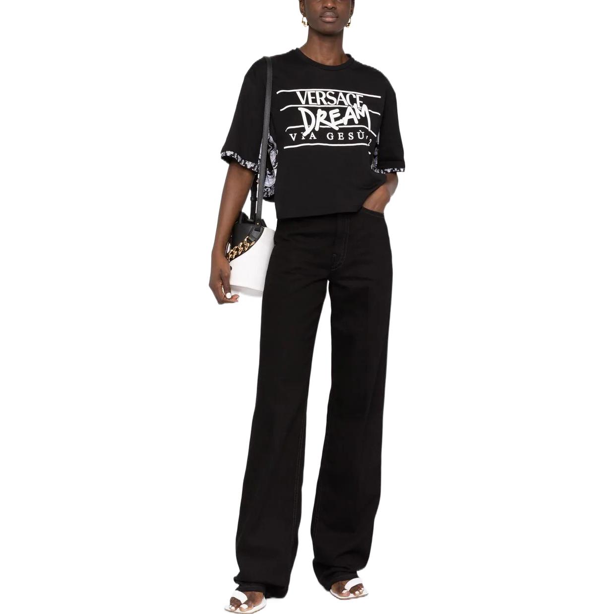 Lookbook (Women) VERSACE FW22 Silver Baroque Print  Black Short Sleeve Tee. 1005880-1A04345-2B020