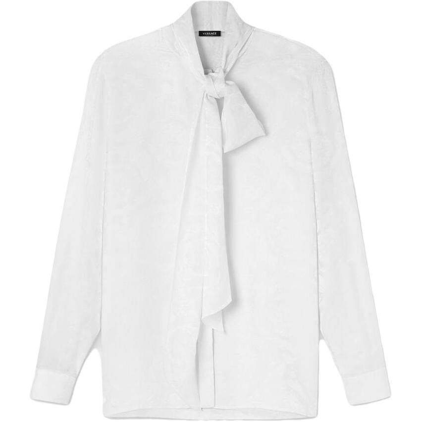 (Women) VERSACE FW23  White Jacquard Long-Sleeve Shirt with Ribbon Collar 1014489-1A10059-1W000