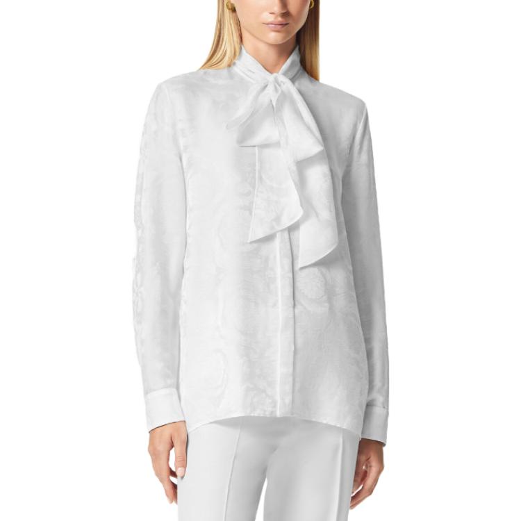 (Women) VERSACE FW23  White Jacquard Long-Sleeve Shirt with Ribbon Collar 1014489-1A10059-1W000 圖 3