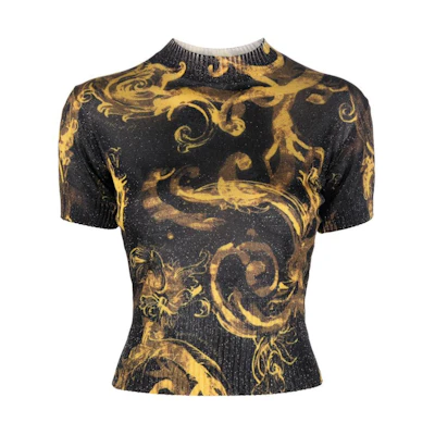 (Women) Versace Jeans Couture Baroque Sequin Knit Polo SS24 Gold Top 76HAFMN8-CMN45-G89