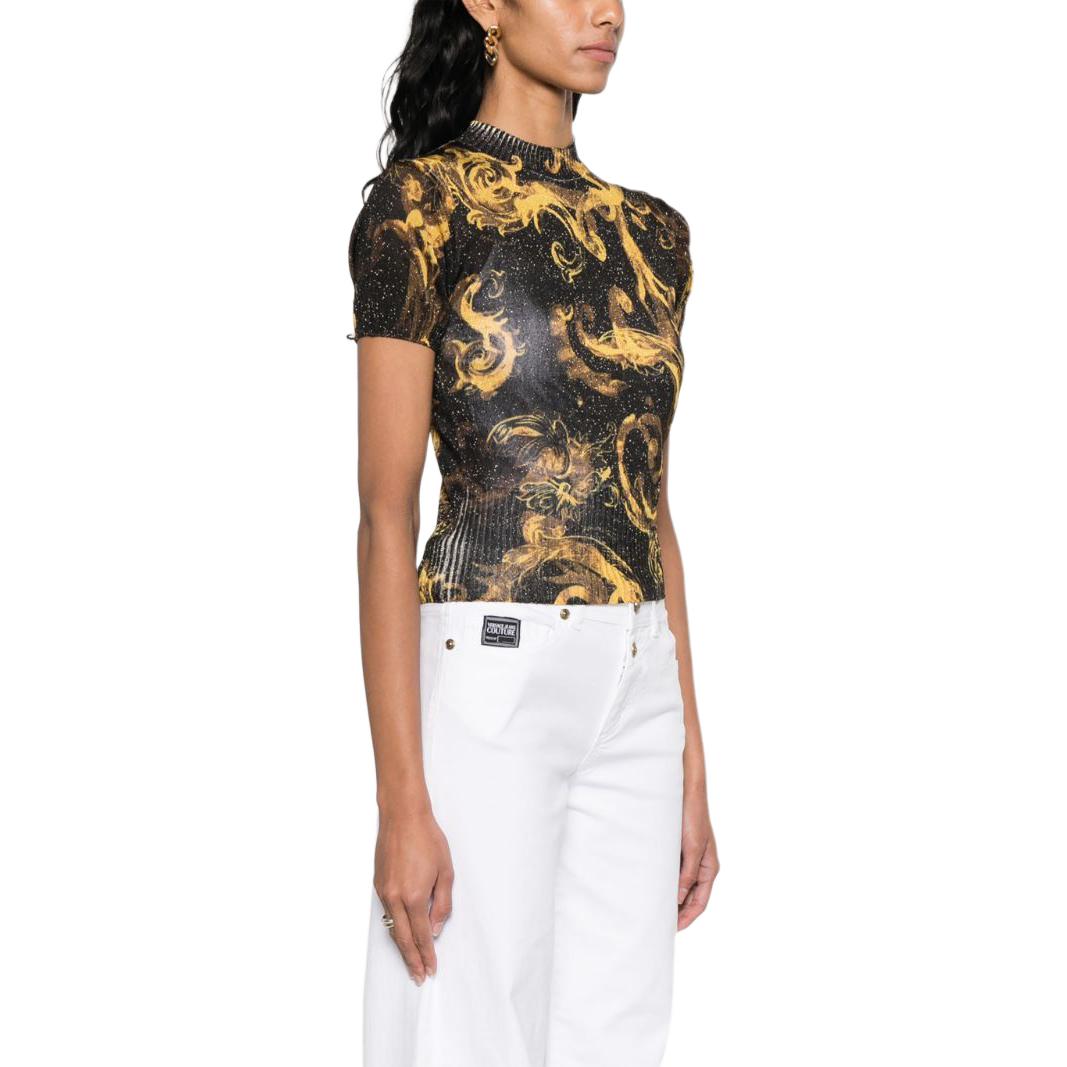 Lookbook (Women) Versace Jeans Couture  Baroque Sequin Knit Polo SS24 Gold Top 76HAFMN8-CMN45-G89