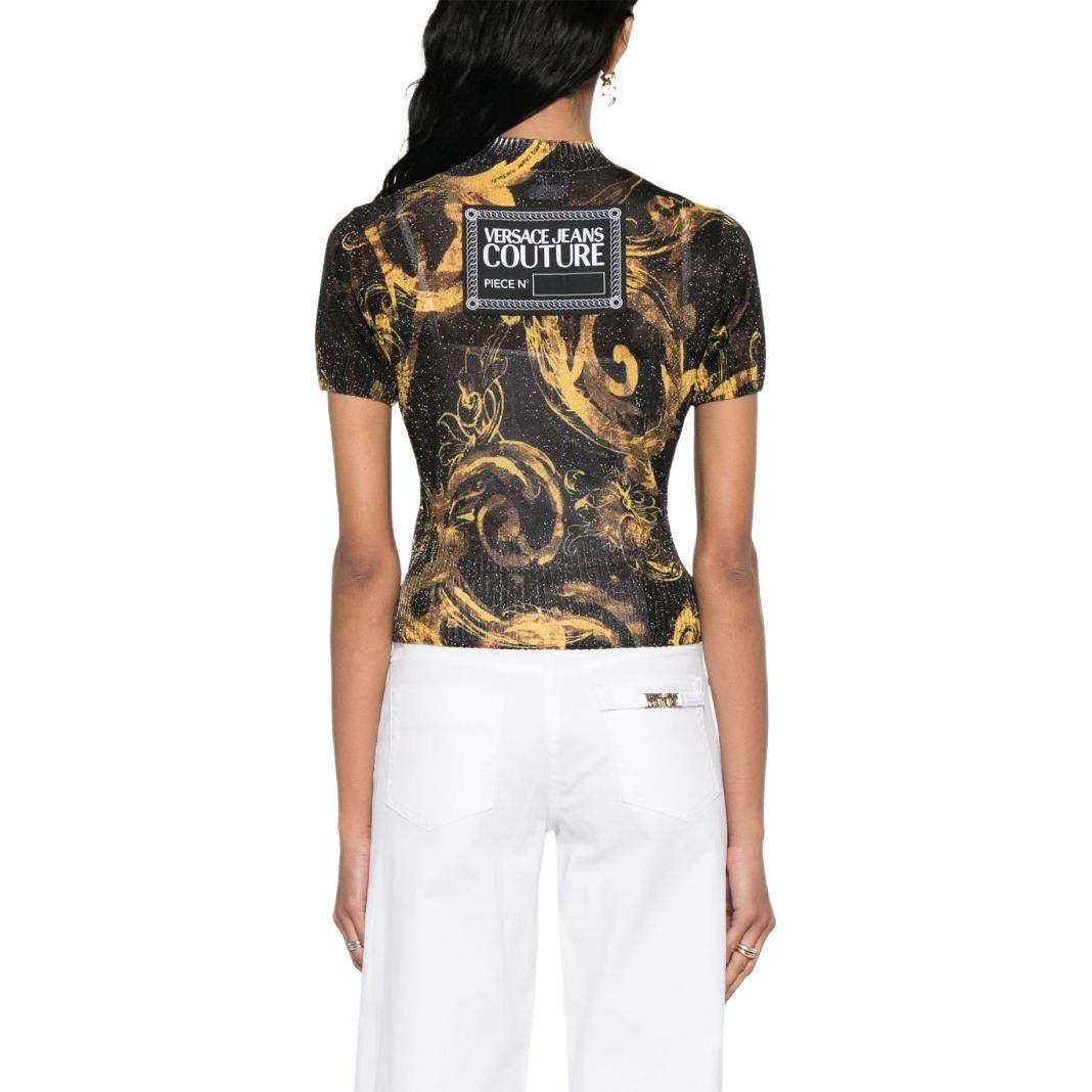 Shop (Women) Versace Jeans Couture  Baroque Sequin Knit Polo SS24 Gold Top 76HAFMN8-CMN45-G89