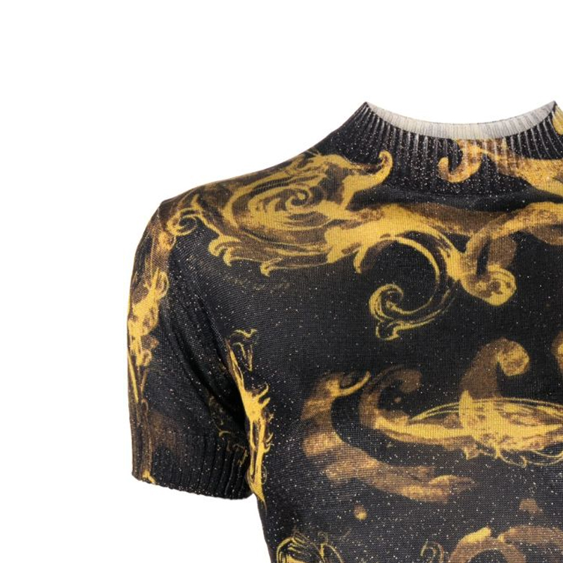 Details for (Women) Versace Jeans Couture  Baroque Sequin Knit Polo SS24 Gold Top 76HAFMN8-CMN45-G89