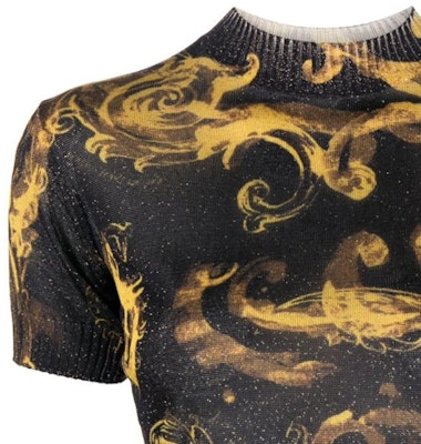 (Women) Versace Jeans Couture Baroque Sequin Knit Polo SS24 Gold Top 76HAFMN8-CMN45-G89 Details for (Women) Versace Jeans Couture Baroque Sequin Knit Polo SS24 Gold Top 76HAFMN8-CMN45-G89