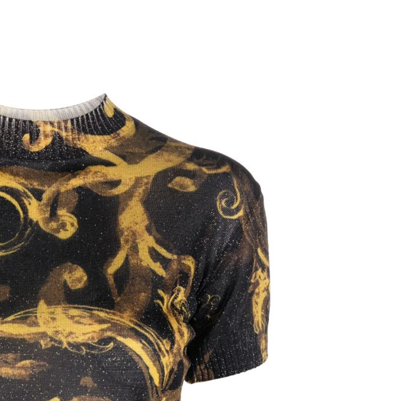 Sizing (Women) Versace Jeans Couture  Baroque Sequin Knit Polo SS24 Gold Top 76HAFMN8-CMN45-G89