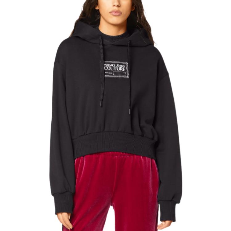Shop (W) VERSACE JEANS COUTURE Hoodie Hitam Cropped dengan Desain Letter Print. E73HAIT03-ECF01O-E899