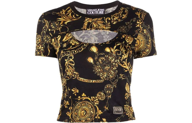 (Women) VERSACE JEANS COUTURE Baroque Print Cutout T-Shirt Women’s Black. 71HAH604-JS015-G89