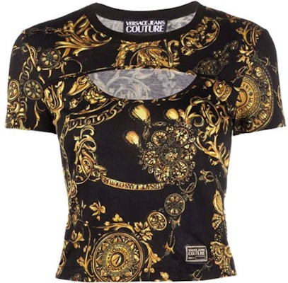 (W) ヴェルサーチジーンズクチュール バロック柄カットアウトTシャツ レディース ブラック 71HAH604-JS015-G89 Buy (W) ヴェルサーチジーンズクチュール バロック柄カットアウトTシャツ レディース ブラック 71HAH604-JS015-G89