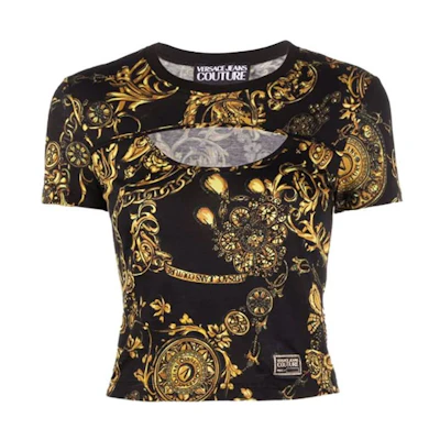 (Women) VERSACE JEANS COUTURE Baroque Print Cutout T-Shirt Women’s Black. 71HAH604-JS015-G89