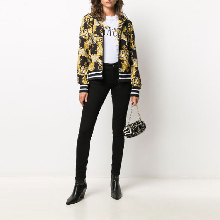 Purchase (W) 范思哲牛仔黑色印花连帽拉链外套。 B6HZA79-5S083-0899