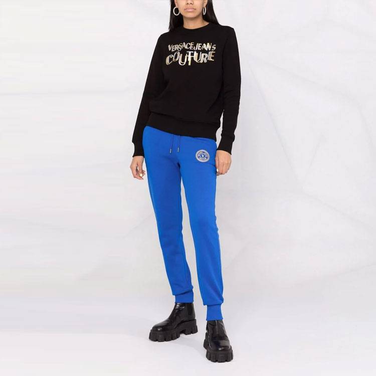 Shop (W) ヴェルサーチジーンズクチュール FW21 ブラック ロゴ スパンコール グリッター スウェットシャツ 71HAIT02-CF00T-G89