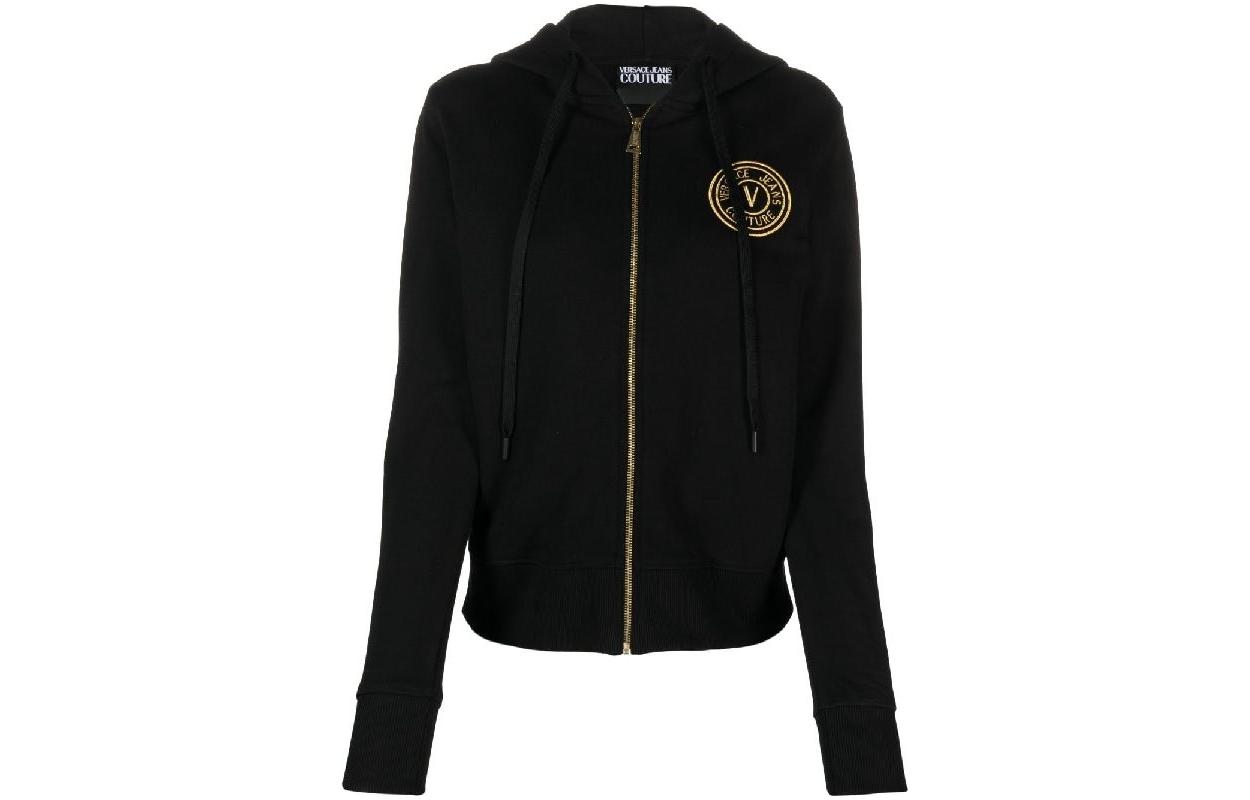 (Women) VERSACE JEANS COUTURE FW23  Black Logo Embroidered Zip-Up Sweatshirt. 75HAIT06-CF06T-G89