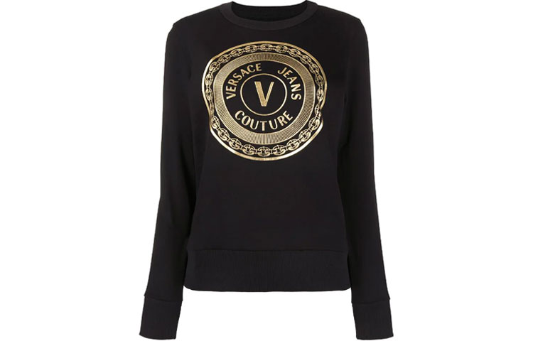 (Women) VERSACE JEANS COUTURE Metallic Logo Print Pullover Sweatshirt Women Black B6HZA7T-X30318-899