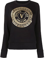(Women) VERSACE JEANS COUTURE Metallic Logo Print Pullover Sweatshirt Women Black B6HZA7T-X30318-899 (Women) VERSACE JEANS COUTURE Metallic Logo Print Pullover Sweatshirt Women Black B6HZA7T-X30318-899
