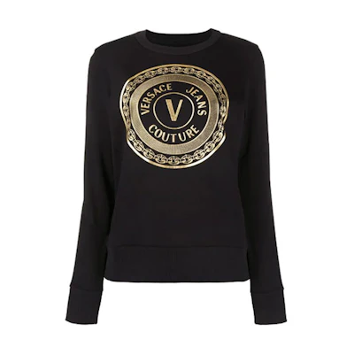 (Women) VERSACE JEANS COUTURE Metallic Logo Print Pullover Sweatshirt Women Black B6HZA7T-X30318-899