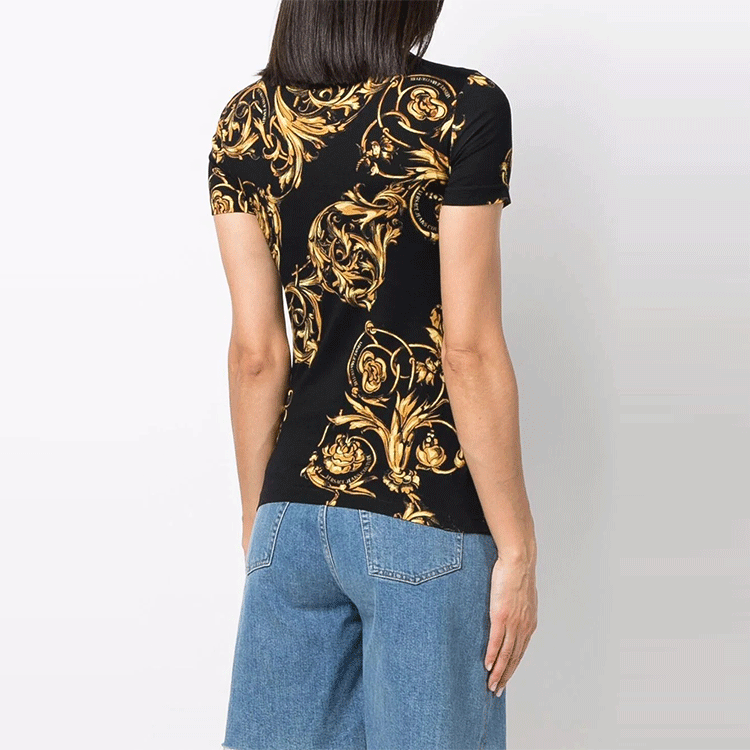 Shop (W) ヴェルサーチ ジーンズ クチュール SS22 バロックプリント 黒 半袖Tシャツ 72HAH608-JS049-G89