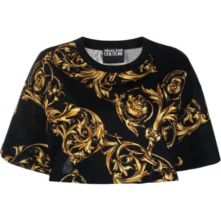 (Women) VERSACE JEANS COUTURE SS22  Black Printed Crop T-Shirt. 72HAH623-JS049-G89