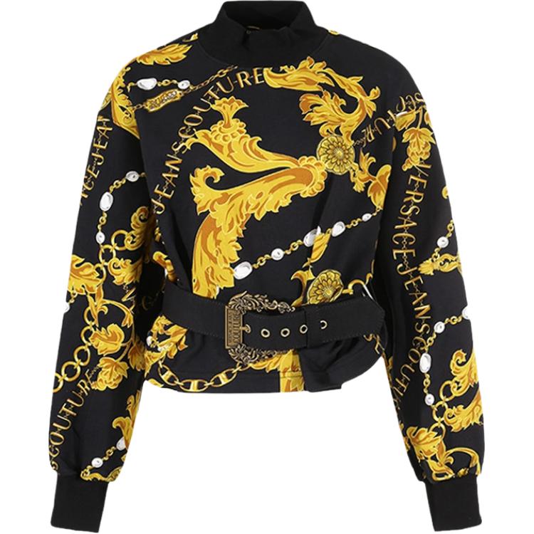 (Women) VERSACE JEANS COUTURE SS23  Black Baroque Print Cropped Crewneck Sweatshirt 75HAI311-FS111-G89