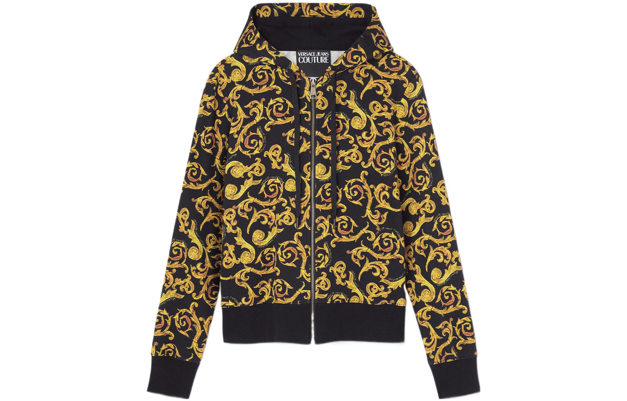 (Women) VERSACE JEANS COUTURE SS23  Black Gold Logo Print Zip-Up Sweatshirt. E74HAI306-EFS059-EG89