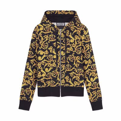 (Women) VERSACE JEANS COUTURE SS23 Black Gold Logo Print Zip-Up Sweatshirt. E74HAI306-EFS059-EG89