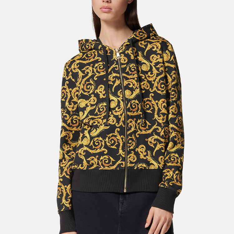 Shop (W) VERSACE JEANS COUTURE SS23 Hitam Emas Logo Print Sweatshirt dengan Resleting. E74HAI306-EFS059-EG89