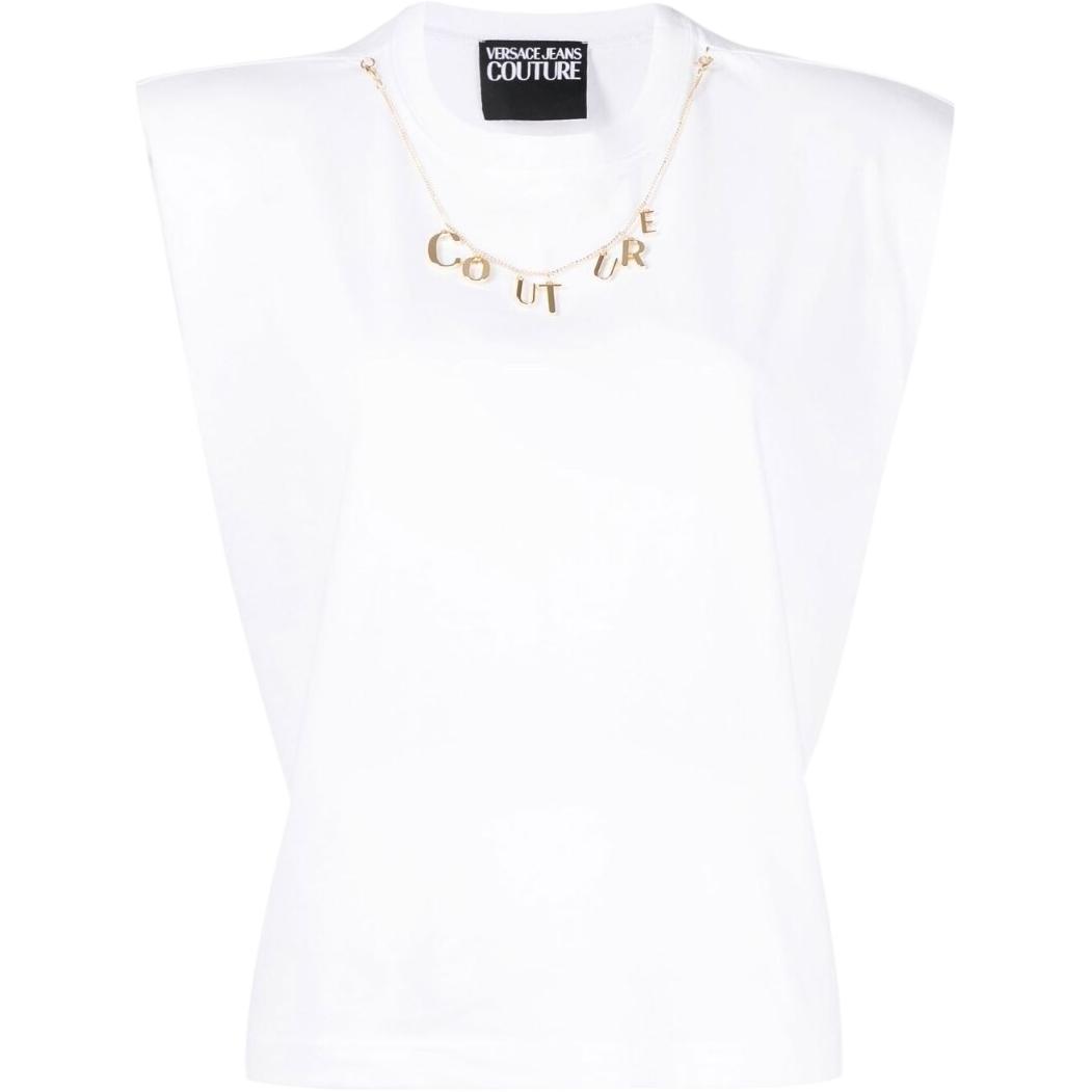 (Women) VERSACE JEANS COUTURE SS23  White Sleeveless Tee with Letter Necklace Detail 74HAH06-CJ00E-003