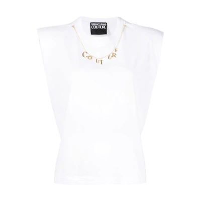 (Women) VERSACE JEANS COUTURE SS23 White Sleeveless Tee with Letter Necklace Detail 74HAH06-CJ00E-003