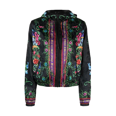 (Women) VERSACE JEANS COUTURE SS23 Floral Logo Print Drawstring Hoodie Jacket Black Women 74HAS401CQS52-G89