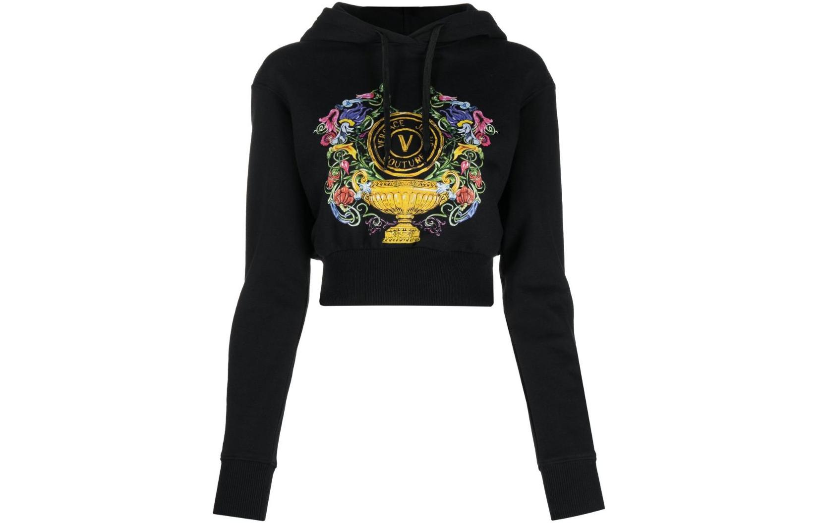 (Women) VERSACE JEANS COUTURE SS23 Floral Print  Cropped Hoodie Black 74HAIF01-CF01F-G89