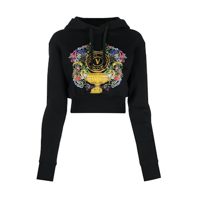 (Women) VERSACE JEANS COUTURE SS23 Floral Print Cropped Hoodie Black 74HAIF01-CF01F-G89