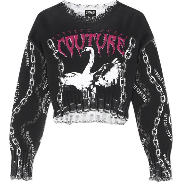 (Women) VERSACE JEANS COUTURE SS24  Cropped Knit Top Black with Animal Letter Print E77HAFM08-ECMF16-E899