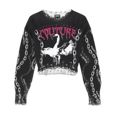 (Women) VERSACE JEANS COUTURE SS24 Cropped Knit Top Black with Animal Letter Print E77HAFM08-ECMF16-E899