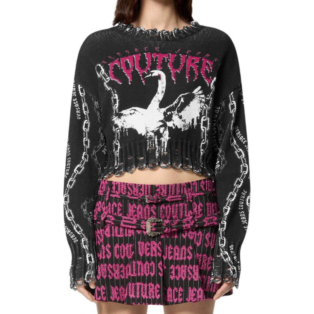 Shop (W) Top Corto de Punto Negro VERSACE JEANS COUTURE SS24 con Estampado Animal. E77HAFM08-ECMF16-E899