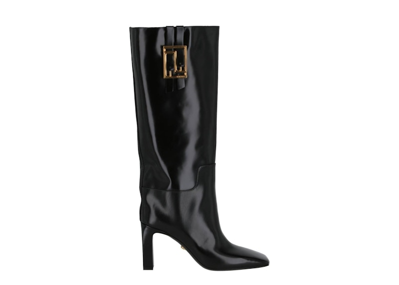 (W) Versace Knee-High Meander Boots Black Leather