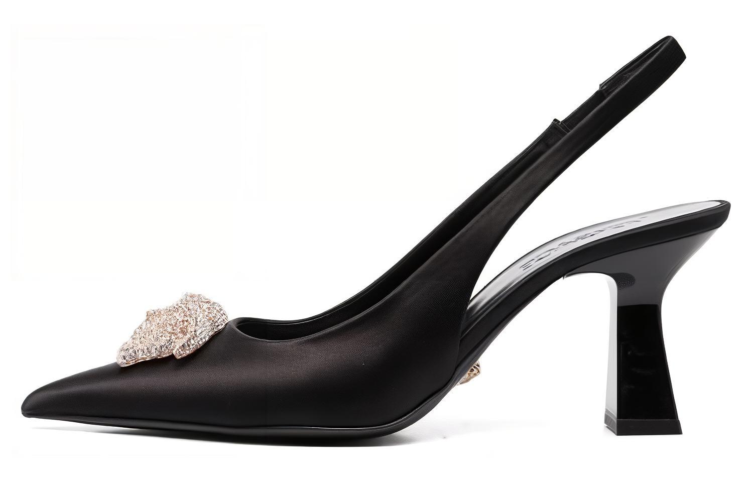 (Women) Versace La Medusa 8cm Heel 'Black Velvet Pointed Toe Mules' 1A00619-1002388_1B000