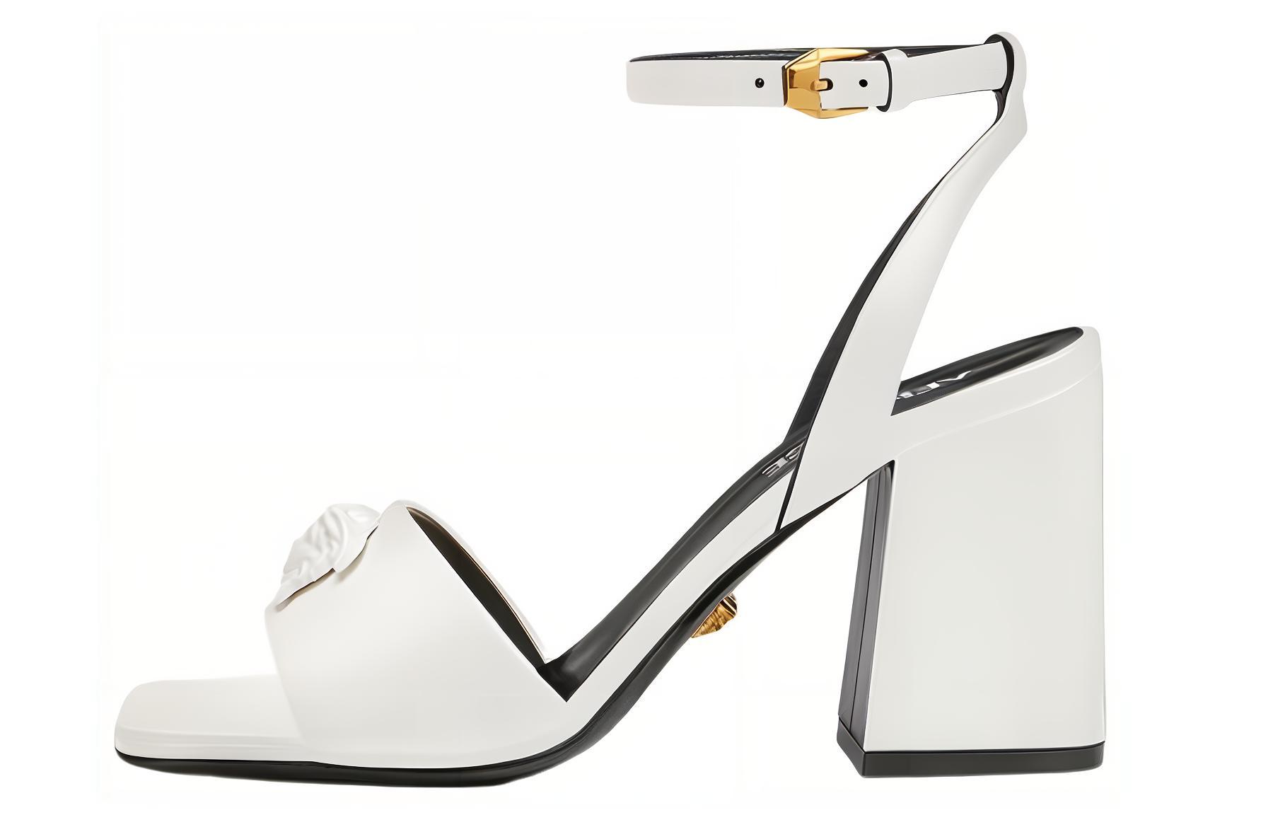 Buy (Women) Versace La Medusa 'White Leather Block Heel Sandals' 1004752-DVT2P_1W040
