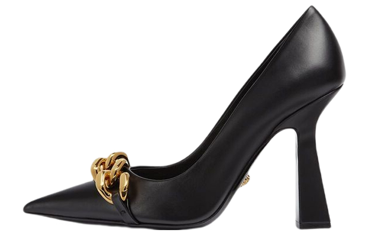 (Women) Versace Leather Pointed-Toe Chain-Embellished Block Heel 'Black' 1003733-DVT2P_1B00V