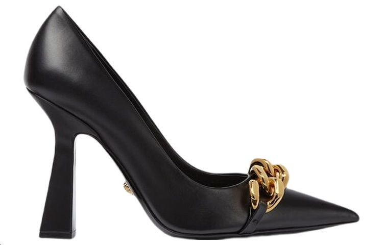Order (W) Versace Leren Puntneus Chain-Detail Blokhak ''Zwart'' 1003733-DVT2P_1B00V