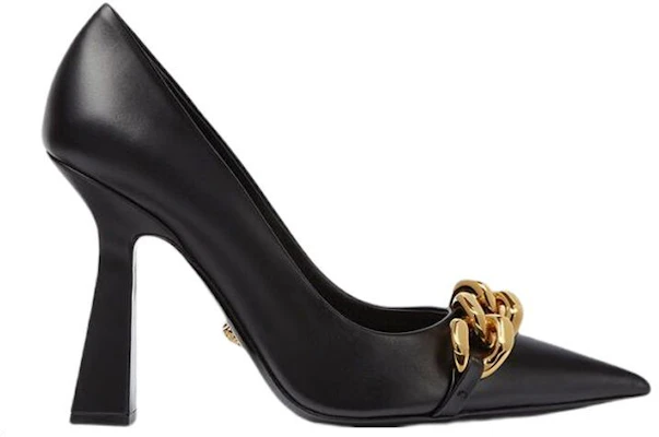 (W) Versace Leren Puntneus Chain-Detail Blokhak ''Zwart'' 1003733-DVT2P_1B00V Order (W) Versace Leren Puntneus Chain-Detail Blokhak ''Zwart'' 1003733-DVT2P_1B00V