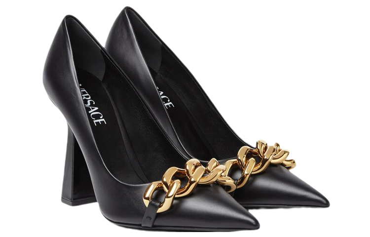 Lookbook (W) Versace Leren Puntneus Chain-Detail Blokhak ''Zwart'' 1003733-DVT2P_1B00V