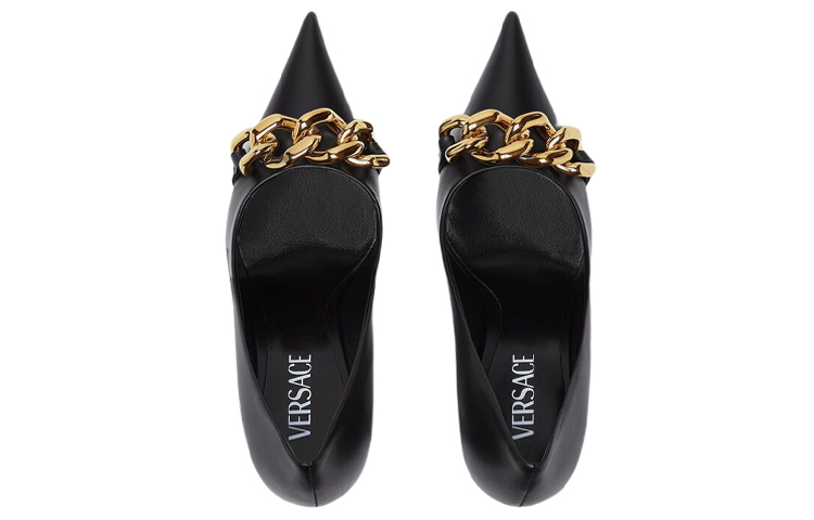 Shop (W) Versace Leren Puntneus Chain-Detail Blokhak ''Zwart'' 1003733-DVT2P_1B00V