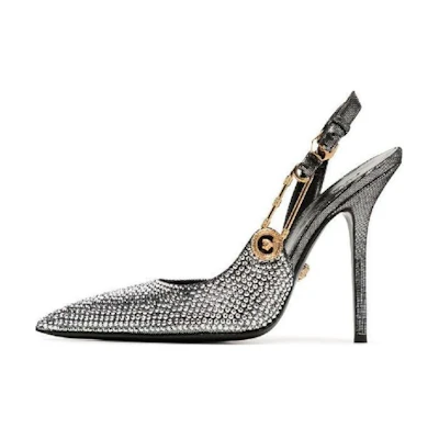 (W) Versace Leather Pointed-Toe Slingback Stilettos 'Silver'