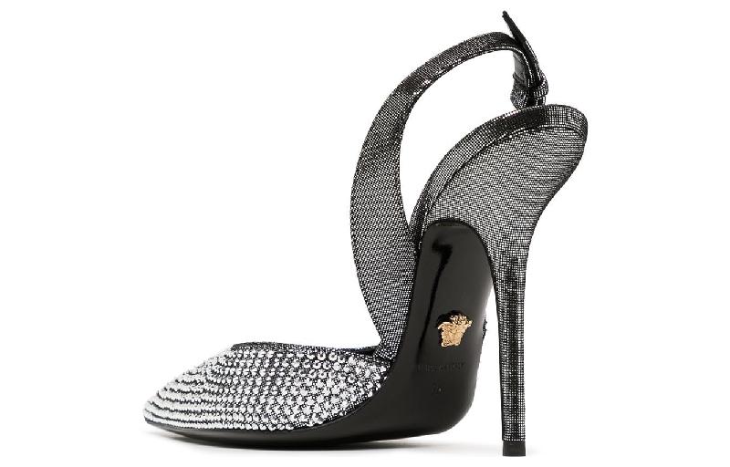 Shop 范思哲 VERSACE 皮革 尖頭露跟 細跟 高跟鞋 女款 銀色