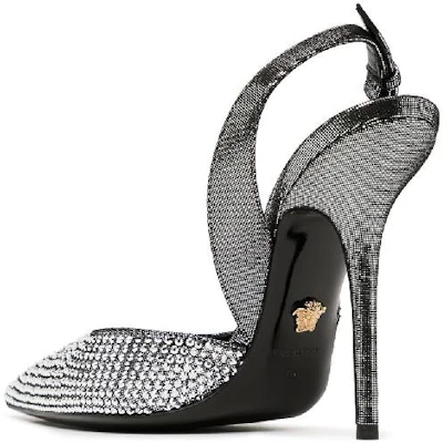 范思哲 VERSACE 皮革 尖頭露跟 細跟 高跟鞋 女款 銀色 Shop 范思哲 VERSACE 皮革 尖頭露跟 細跟 高跟鞋 女款 銀色