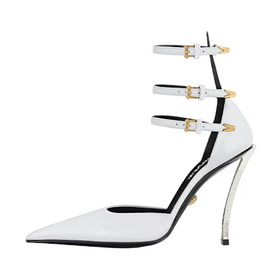 (W) Versace Leather Pointed Toe Buckle Stiletto 'White'