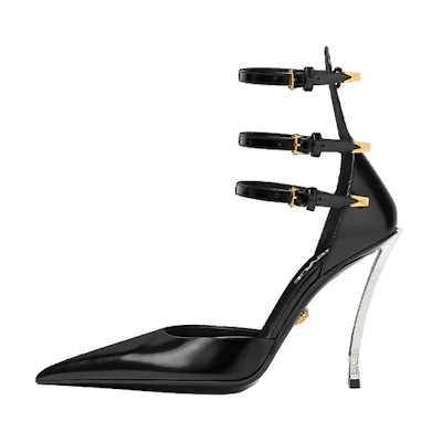 (W) Versace Leather Pointed Toe Buckle Stiletto Heels 'Black'