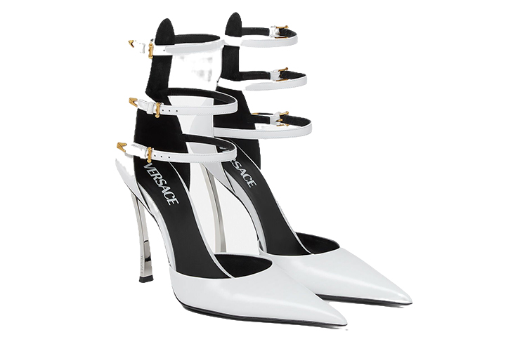 (W) Versace Leather Pointed Toe Buckle Stiletto 'White' 圖 3