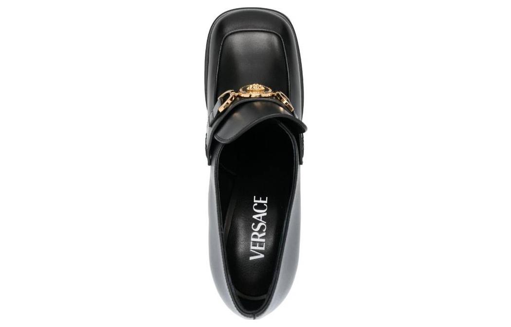 Lookbook (W) Versace Zapatos Negros de Cuero Punta Redonda Tacón Bajo. 1010175-DVT2P_1B00V
